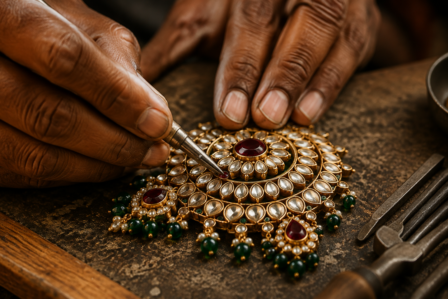 Artisan hand-setting stones into a Polki necklace